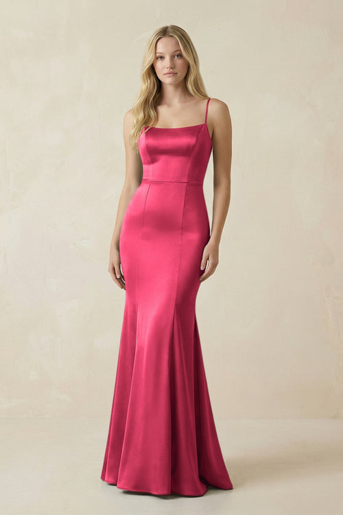 Cami Strap Ruffled Satin Bridesmaid Dress With Bow in Fuchsia - KISS BRIDAL Bridesmaid Dresses