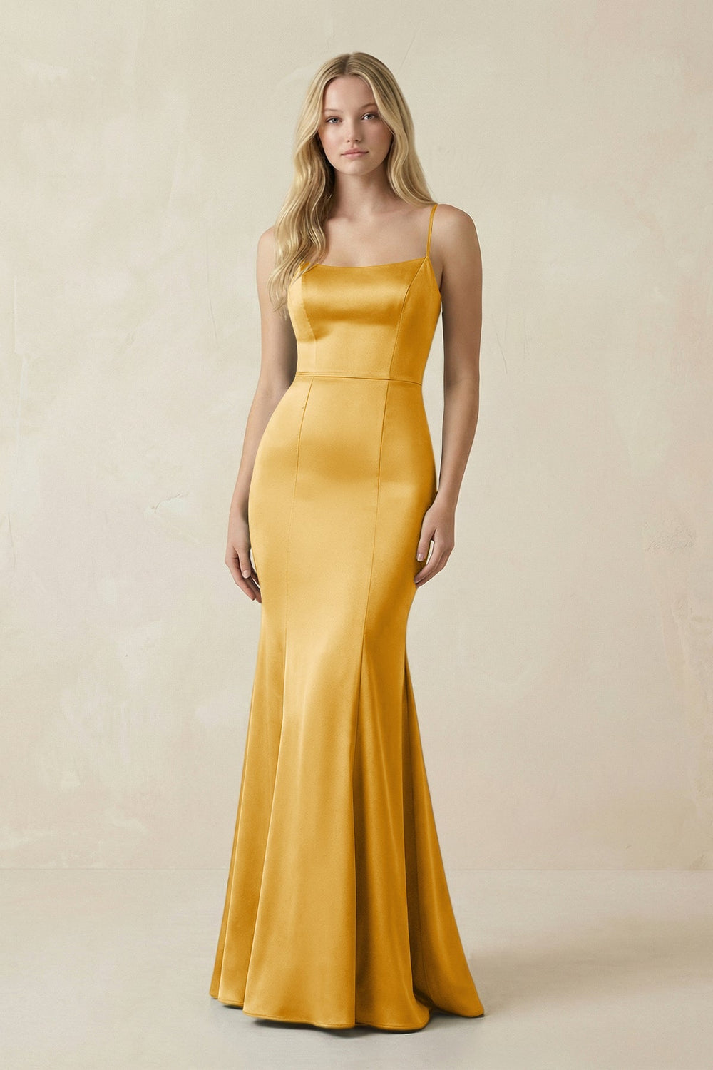 Cami Strap Ruffled Satin Bridesmaid Dress With Bow in Gold - KISS BRIDAL Bridesmaid Dresses