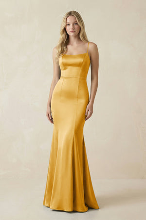 Cami Strap Ruffled Satin Bridesmaid Dress With Bow in Gold - KISS BRIDAL Bridesmaid Dresses