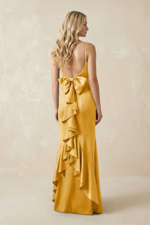 Cami Strap Ruffled Satin Bridesmaid Dress With Bow in Gold - KISS BRIDAL Bridesmaid Dresses