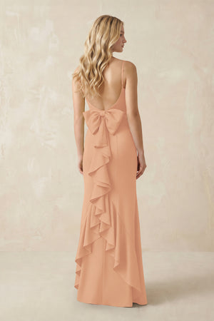 Cami Strap Ruffled Satin Bridesmaid Dress With Bow in Golden Champagne (2) | KISSBRIDAL