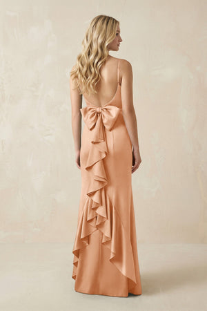 Cami Strap Ruffled Satin Bridesmaid Dress With Bow in Golden Champagne - KISS BRIDAL Bridesmaid Dresses