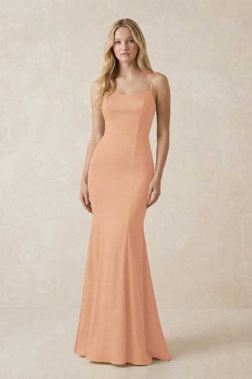 Cami Strap Ruffled Satin Bridesmaid Dress With Bow in Golden Champagne | KISSBRIDAL
