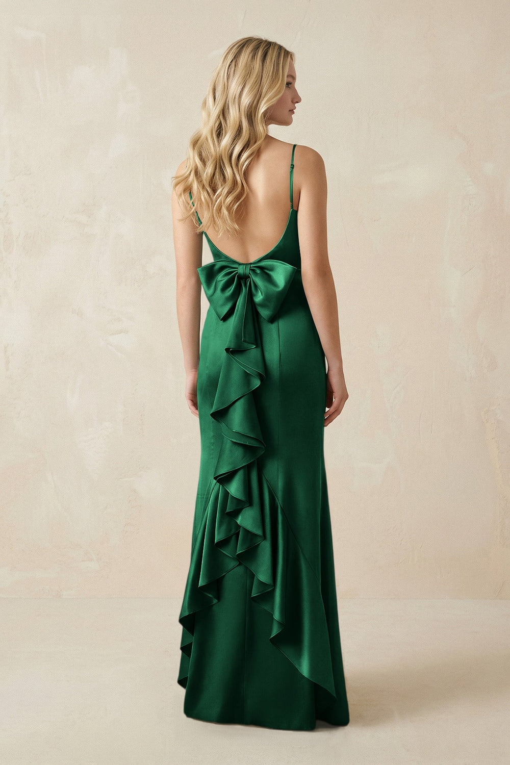 Cami Strap Ruffled Satin Bridesmaid Dress With Bow in Green - KISS BRIDAL Bridesmaid Dresses