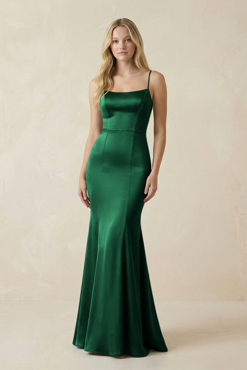 Cami Strap Ruffled Satin Bridesmaid Dress With Bow in Green - KISS BRIDAL Bridesmaid Dresses