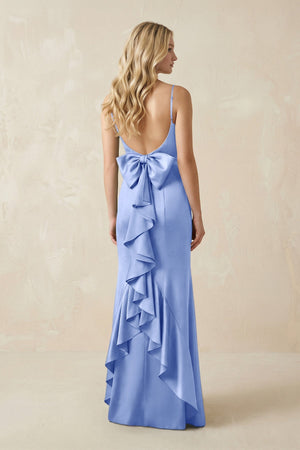 Cami Strap Ruffled Satin Bridesmaid Dress With Bow in Ice - KISS BRIDAL Bridesmaid Dresses