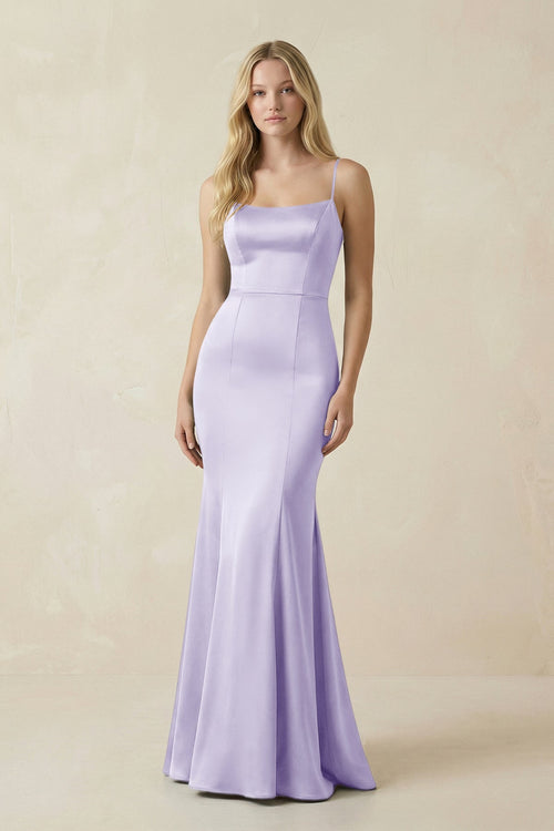 Cami Strap Ruffled Satin Bridesmaid Dress With Bow in Lavender - KISS BRIDAL Bridesmaid Dresses