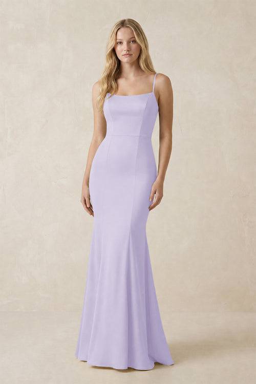 Cami Strap Ruffled Satin Bridesmaid Dress With Bow in Lavender | KISSBRIDAL