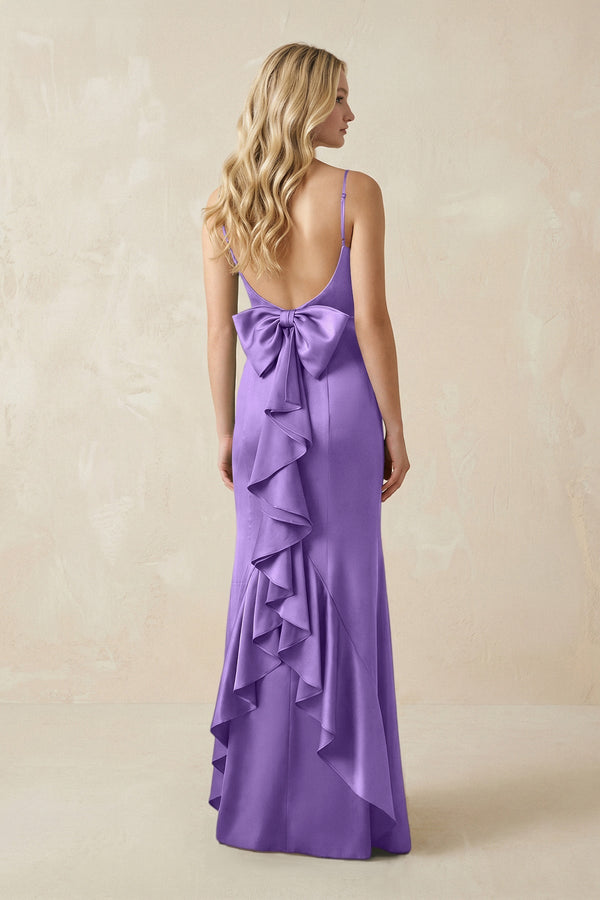 Cami Strap Ruffled Satin Bridesmaid Dress With Bow in Lilac - KISS BRIDAL Bridesmaid Dresses