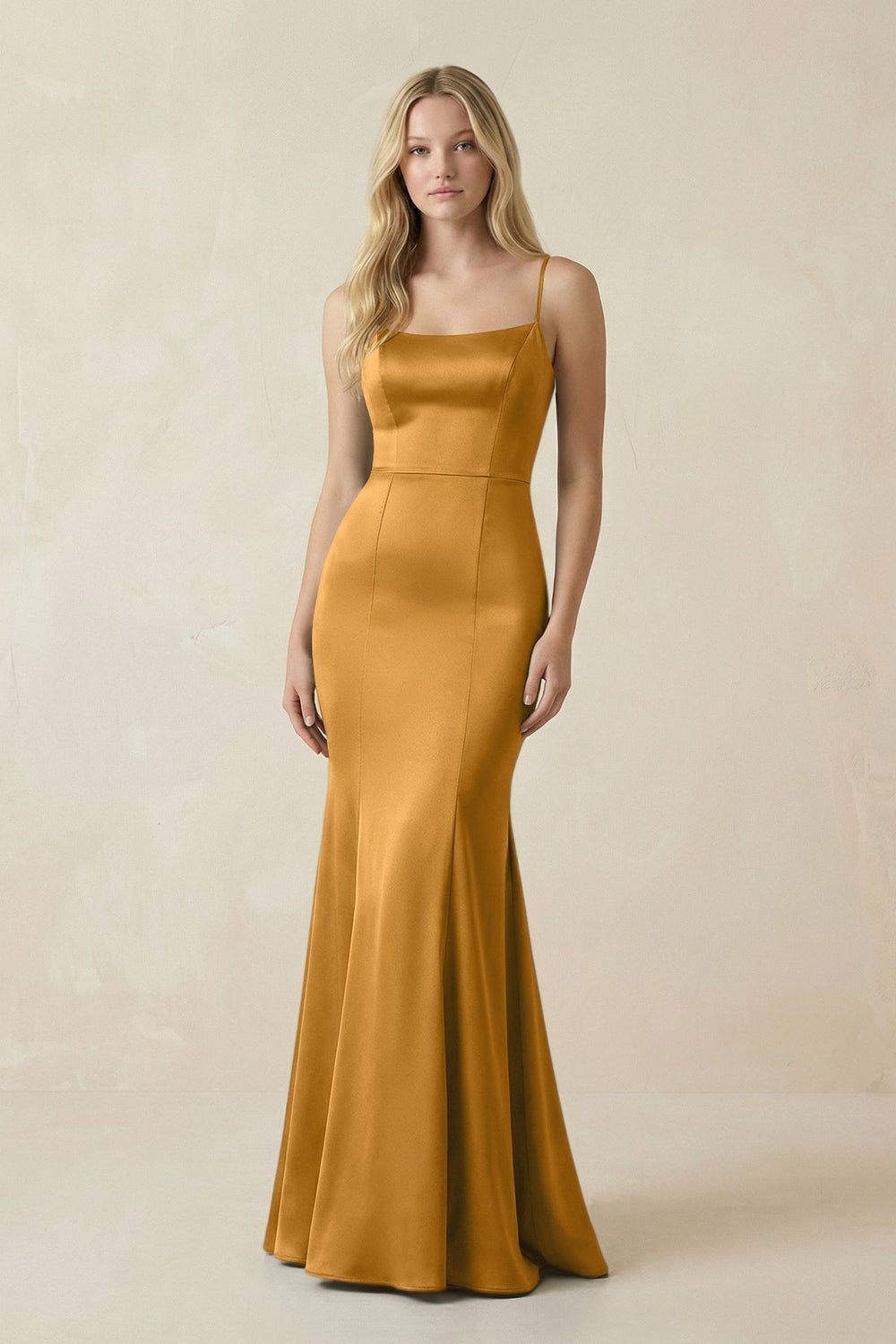 Cami Strap Ruffled Satin Bridesmaid Dress With Bow in Marigold - KISS BRIDAL Bridesmaid Dresses