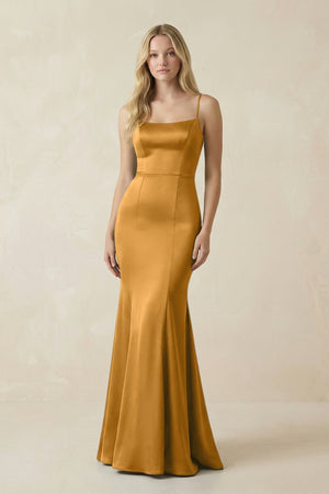 Cami Strap Ruffled Satin Bridesmaid Dress With Bow in Marigold - KISS BRIDAL Bridesmaid Dresses