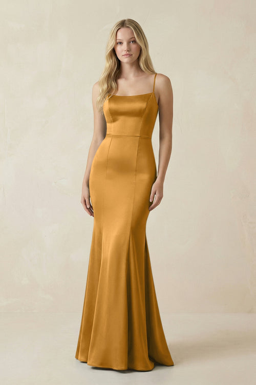 Cami Strap Ruffled Satin Bridesmaid Dress With Bow in Marigold - KISS BRIDAL Bridesmaid Dresses