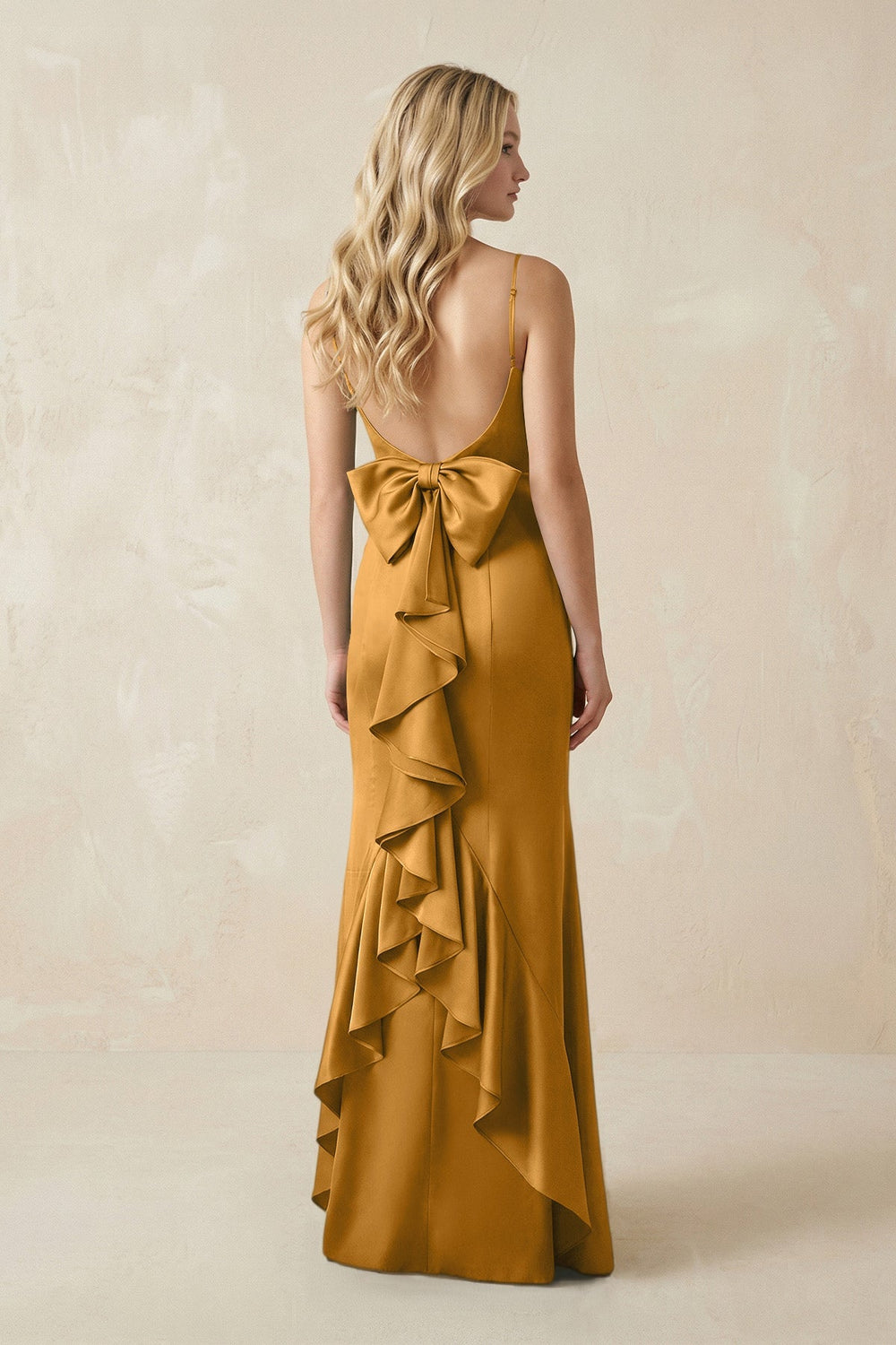 Cami Strap Ruffled Satin Bridesmaid Dress With Bow in Marigold - KISS BRIDAL Bridesmaid Dresses