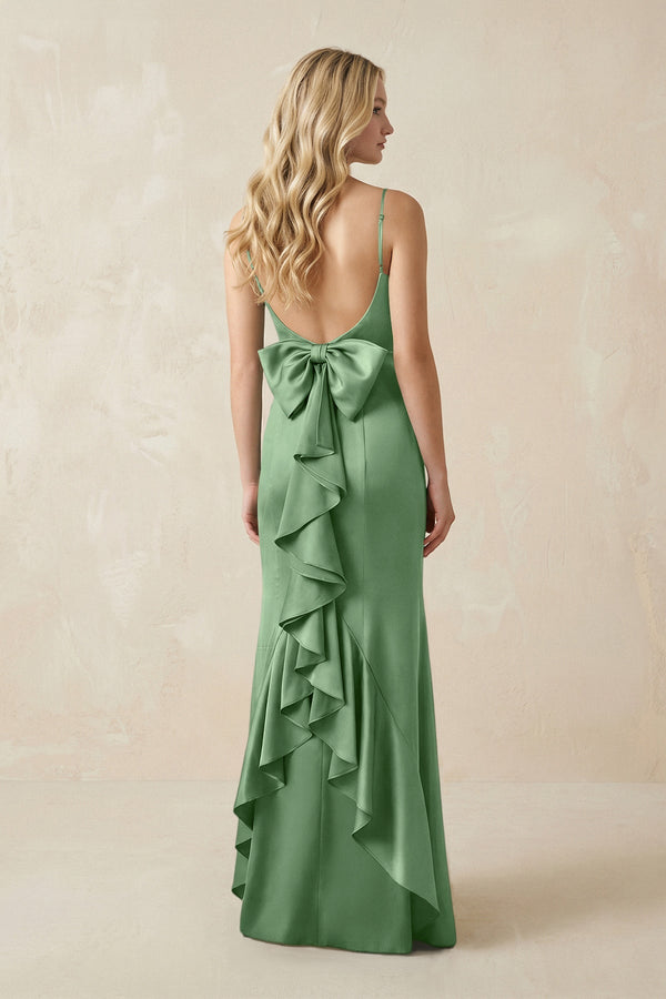 Cami Strap Ruffled Satin Bridesmaid Dress With Bow in Matcha - KISS BRIDAL Bridesmaid Dresses
