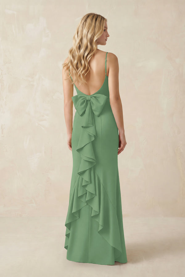 Cami Strap Ruffled Satin Bridesmaid Dress With Bow in Matcha (2) | KISSBRIDAL