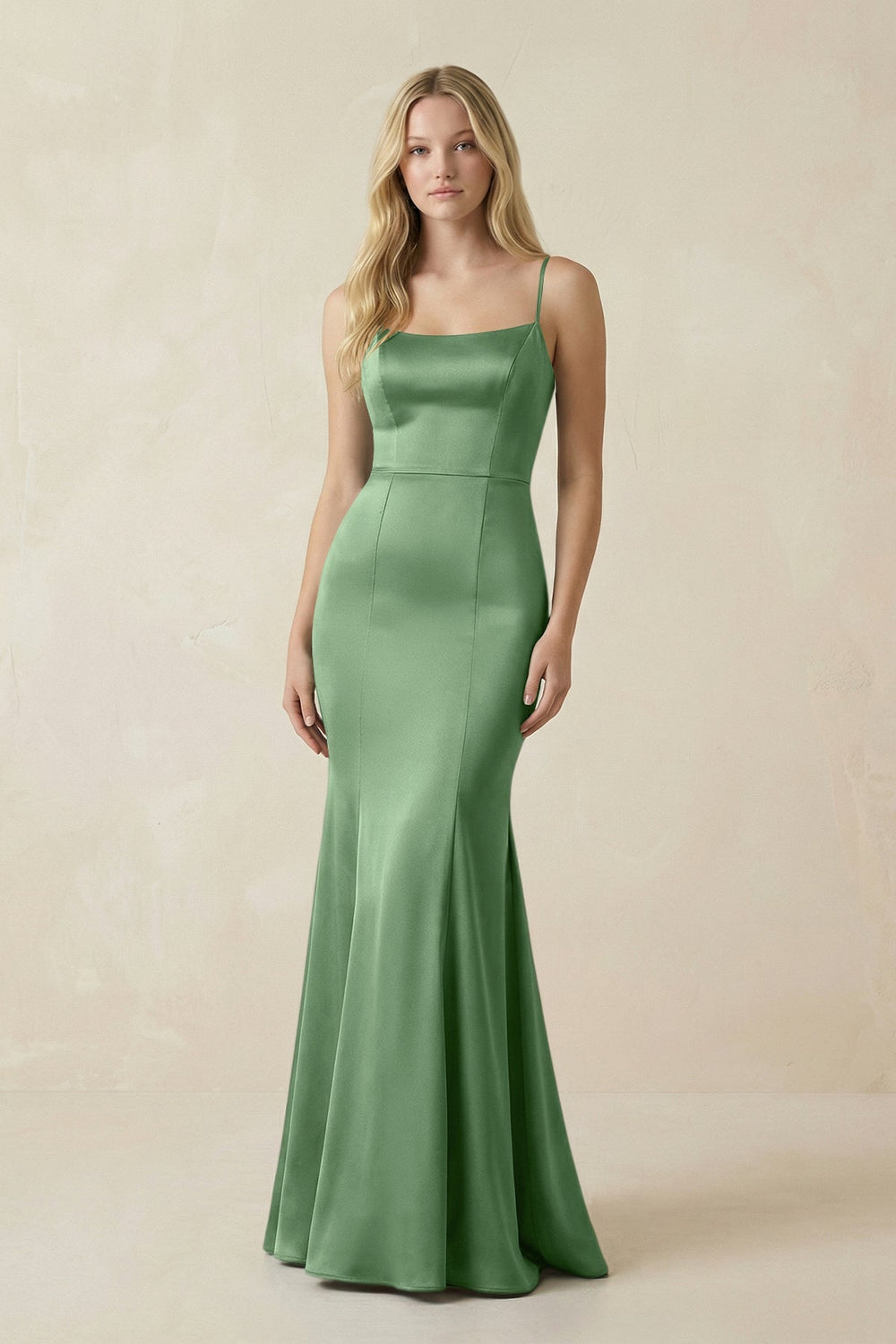 Cami Strap Ruffled Satin Bridesmaid Dress With Bow in Matcha - KISS BRIDAL Bridesmaid Dresses