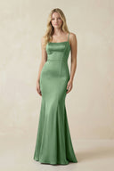 Cami Strap Ruffled Satin Bridesmaid Dress With Bow in Matcha - KISS BRIDAL Bridesmaid Dresses