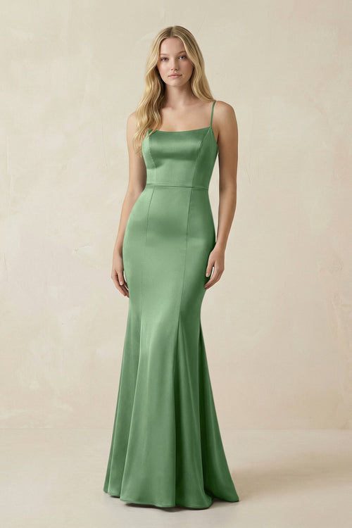 Cami Strap Ruffled Satin Bridesmaid Dress With Bow in Matcha - KISS BRIDAL Bridesmaid Dresses