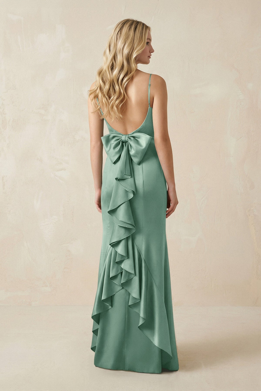 Cami Strap Ruffled Satin Bridesmaid Dress With Bow in Mint Green - KISS BRIDAL Bridesmaid Dresses