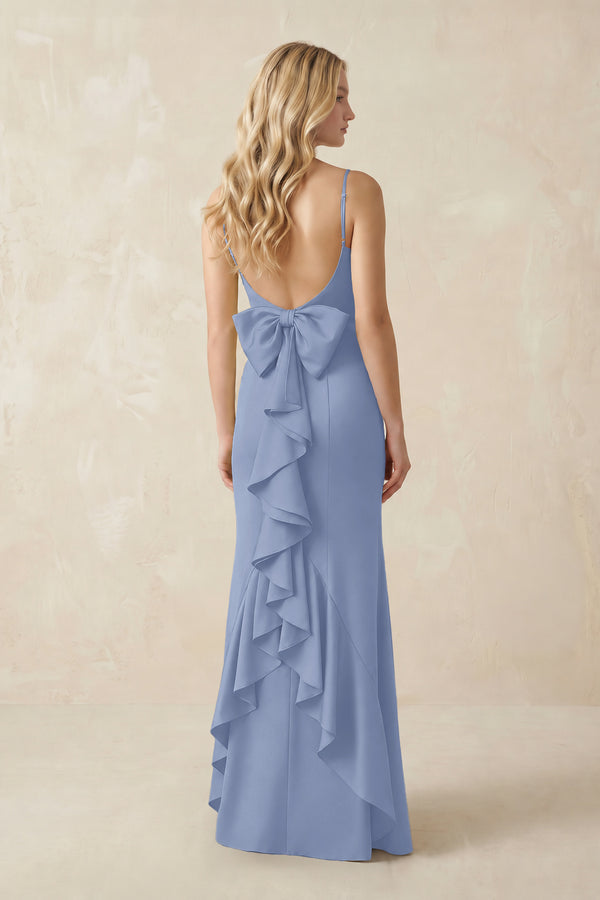 Cami Strap Ruffled Satin Bridesmaid Dress With Bow in Mist (2) | KISSBRIDAL