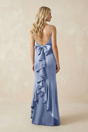 Cami Strap Ruffled Satin Bridesmaid Dress With Bow in Mist - KISS BRIDAL Bridesmaid Dresses