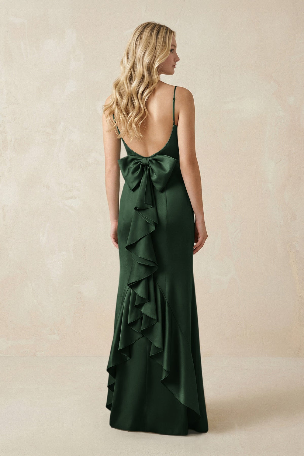 Cami Strap Ruffled Satin Bridesmaid Dress With Bow in Moss - KISS BRIDAL Bridesmaid Dresses