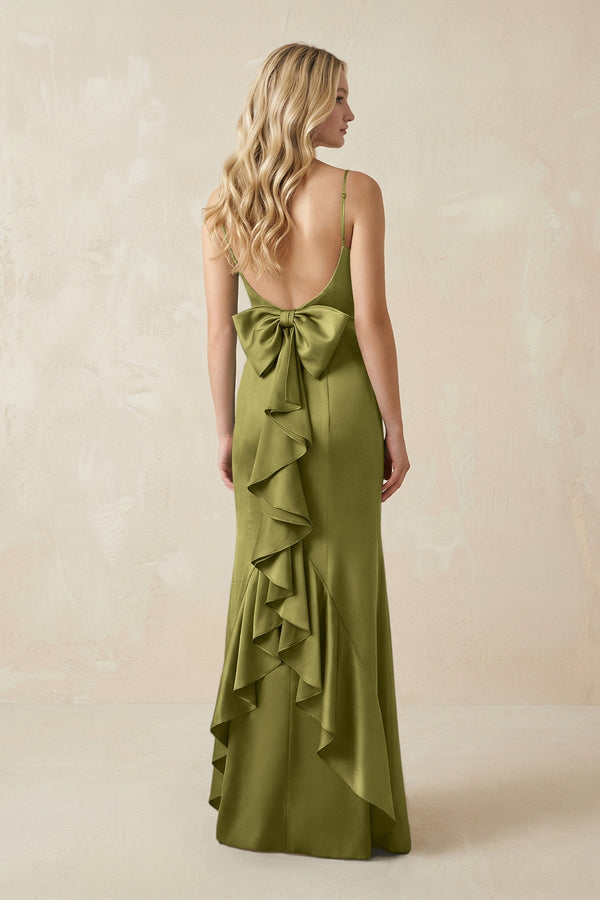 Cami Strap Ruffled Satin Bridesmaid Dress With Bow in Moss Green - KISS BRIDAL Bridesmaid Dresses