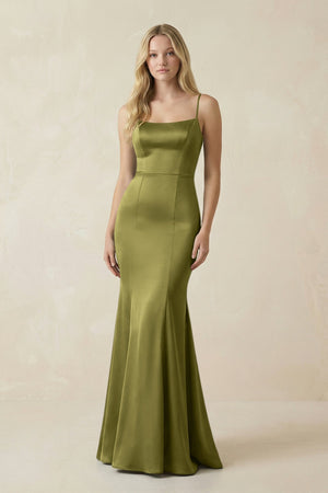 Cami Strap Ruffled Satin Bridesmaid Dress With Bow in Moss Green - KISS BRIDAL Bridesmaid Dresses