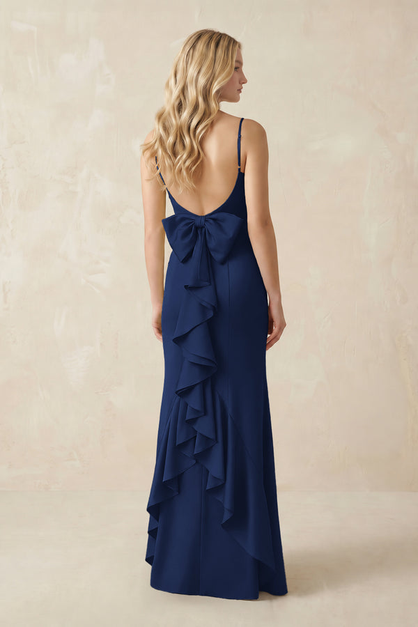 Cami Strap Ruffled Satin Bridesmaid Dress With Bow in Navy (2) | KISSBRIDAL