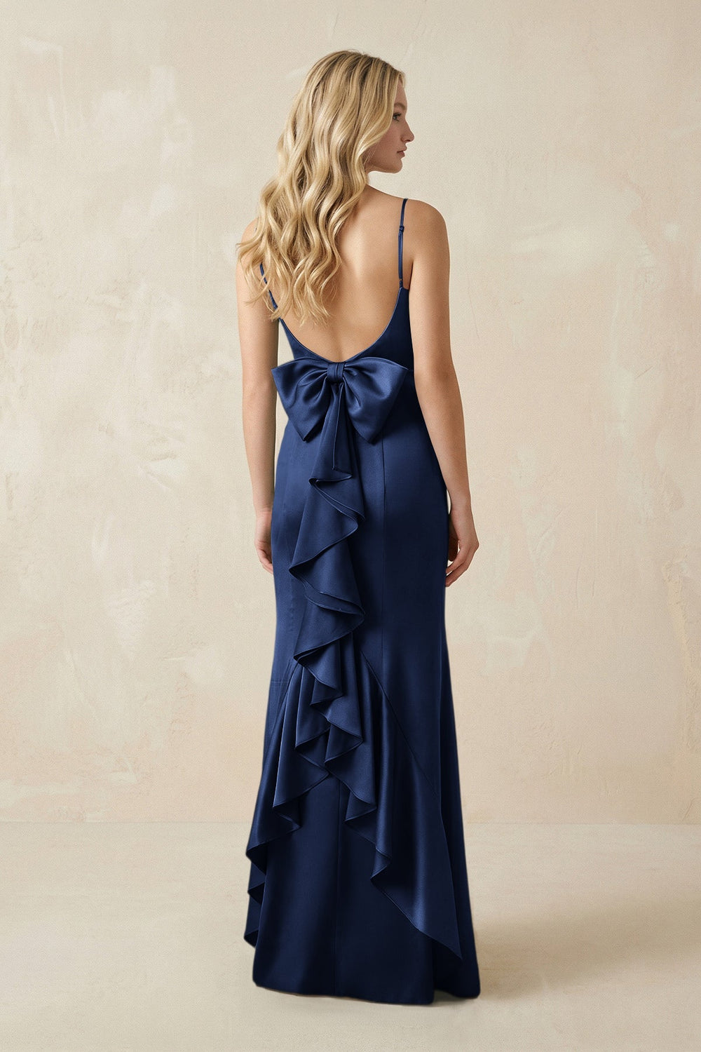 Cami Strap Ruffled Satin Bridesmaid Dress With Bow in Navy - KISS BRIDAL Bridesmaid Dresses