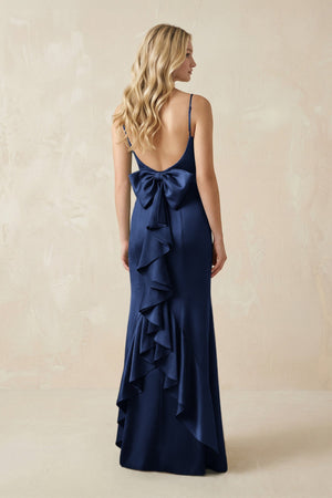 Cami Strap Ruffled Satin Bridesmaid Dress With Bow in Navy - KISS BRIDAL Bridesmaid Dresses