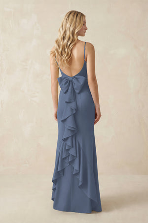 Cami Strap Ruffled Satin Bridesmaid Dress With Bow in Neptune (2) | KISSBRIDAL