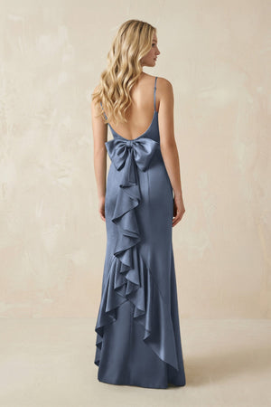 Cami Strap Ruffled Satin Bridesmaid Dress With Bow in Neptune - KISS BRIDAL Bridesmaid Dresses