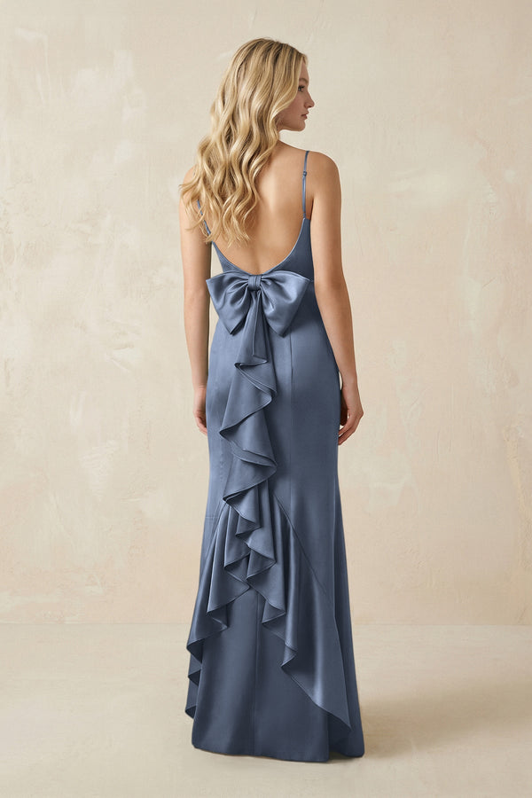 Cami Strap Ruffled Satin Bridesmaid Dress With Bow in Neptune - KISS BRIDAL Bridesmaid Dresses