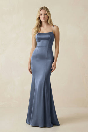 Cami Strap Ruffled Satin Bridesmaid Dress With Bow in Neptune - KISS BRIDAL Bridesmaid Dresses