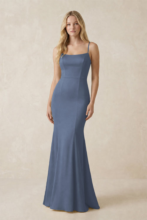 Cami Strap Ruffled Satin Bridesmaid Dress With Bow in Neptune | KISSBRIDAL