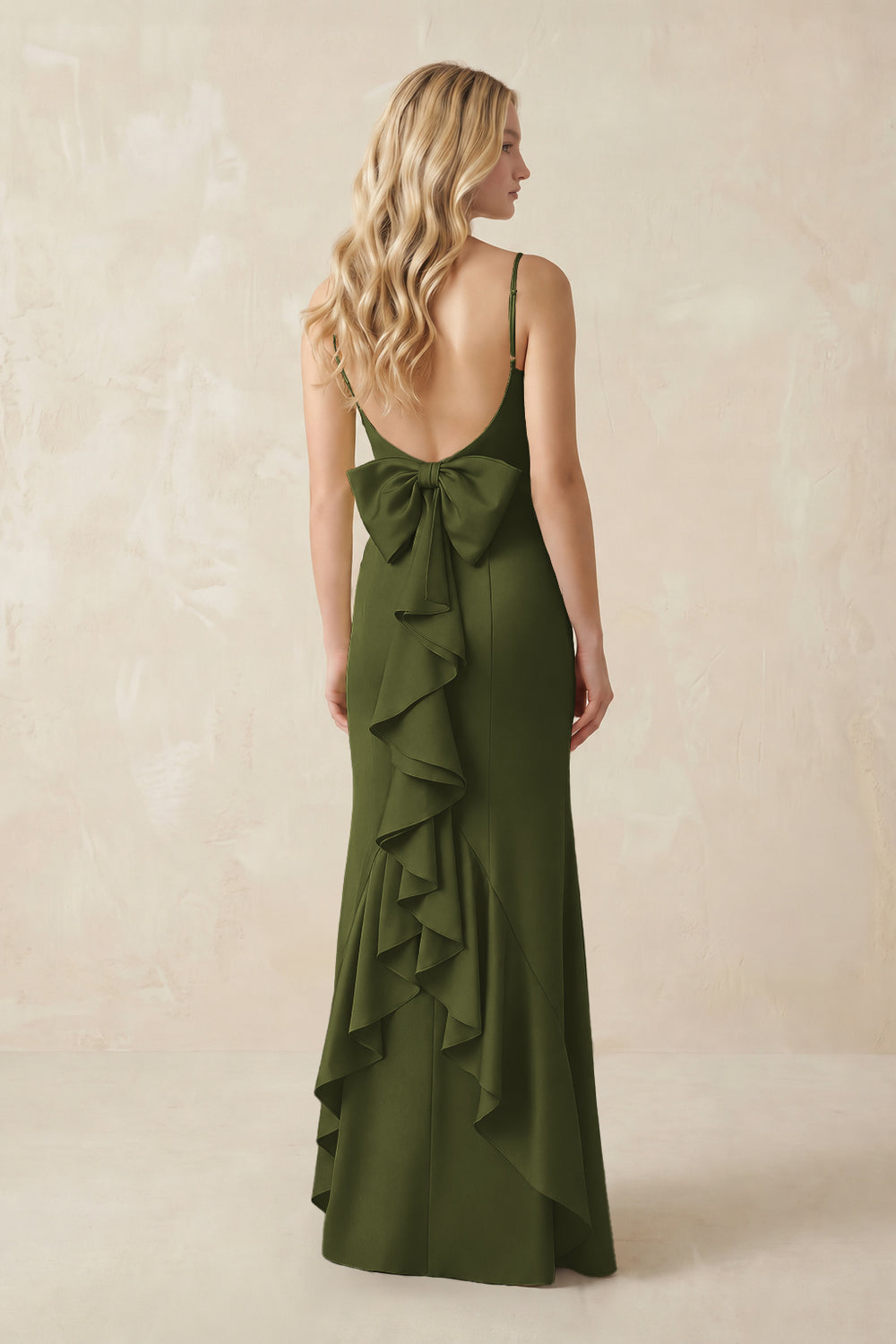 Cami Strap Ruffled Satin Bridesmaid Dress With Bow in Olive