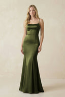 Cami Strap Ruffled Satin Bridesmaid Dress With Bow in Olive - KISS BRIDAL Bridesmaid Dresses