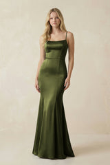 Cami Strap Ruffled Satin Bridesmaid Dress With Bow in Olive - KISS BRIDAL Bridesmaid Dresses