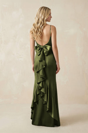 Cami Strap Ruffled Satin Bridesmaid Dress With Bow in Olive - KISS BRIDAL Bridesmaid Dresses