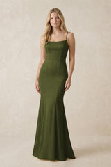 Cami Strap Ruffled Satin Bridesmaid Dress With Bow in Olive | KISSBRIDAL