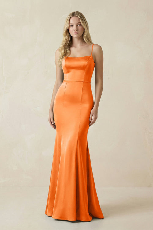 Cami Strap Ruffled Satin Bridesmaid Dress With Bow in Orange - KISS BRIDAL Bridesmaid Dresses