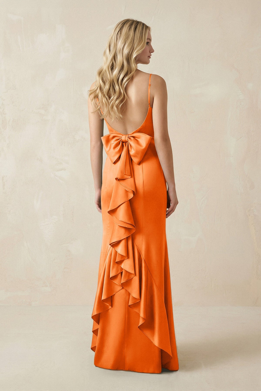 Cami Strap Ruffled Satin Bridesmaid Dress With Bow in Orange - KISS BRIDAL Bridesmaid Dresses