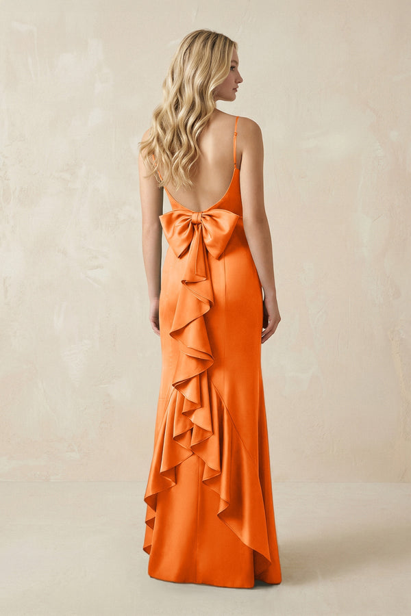 Cami Strap Ruffled Satin Bridesmaid Dress With Bow in Orange - KISS BRIDAL Bridesmaid Dresses