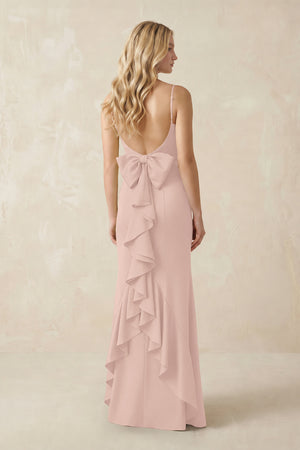 Cami Strap Ruffled Satin Bridesmaid Dress With Bow in Pale Blush (2) | KISSBRIDAL