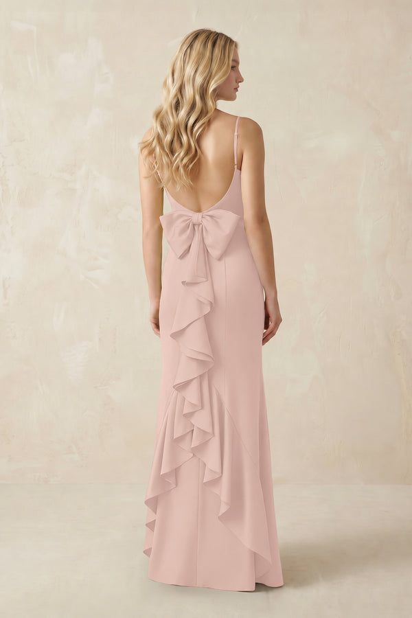Cami Strap Ruffled Satin Bridesmaid Dress With Bow in Pale Blush (2) | KISSBRIDAL