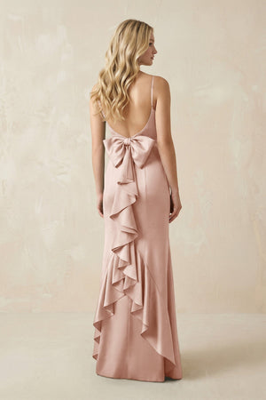 Cami Strap Ruffled Satin Bridesmaid Dress With Bow in Pale Blush - KISS BRIDAL Bridesmaid Dresses