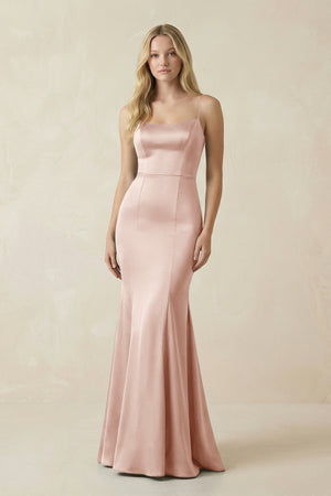 Cami Strap Ruffled Satin Bridesmaid Dress With Bow in Pale Blush - KISS BRIDAL Bridesmaid Dresses