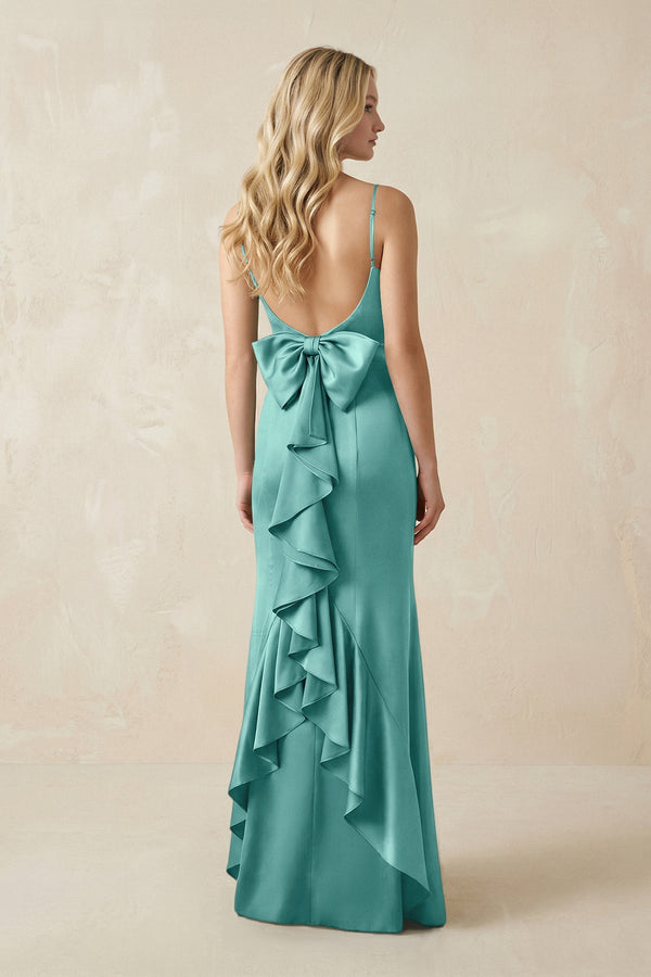Cami Strap Ruffled Satin Bridesmaid Dress With Bow in Pale Pistachio - KISS BRIDAL Bridesmaid Dresses