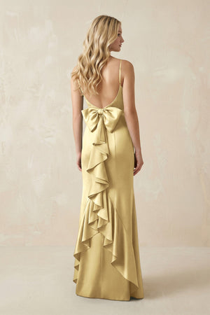 Cami Strap Ruffled Satin Bridesmaid Dress With Bow in Pastel Yellow - KISS BRIDAL Bridesmaid Dresses